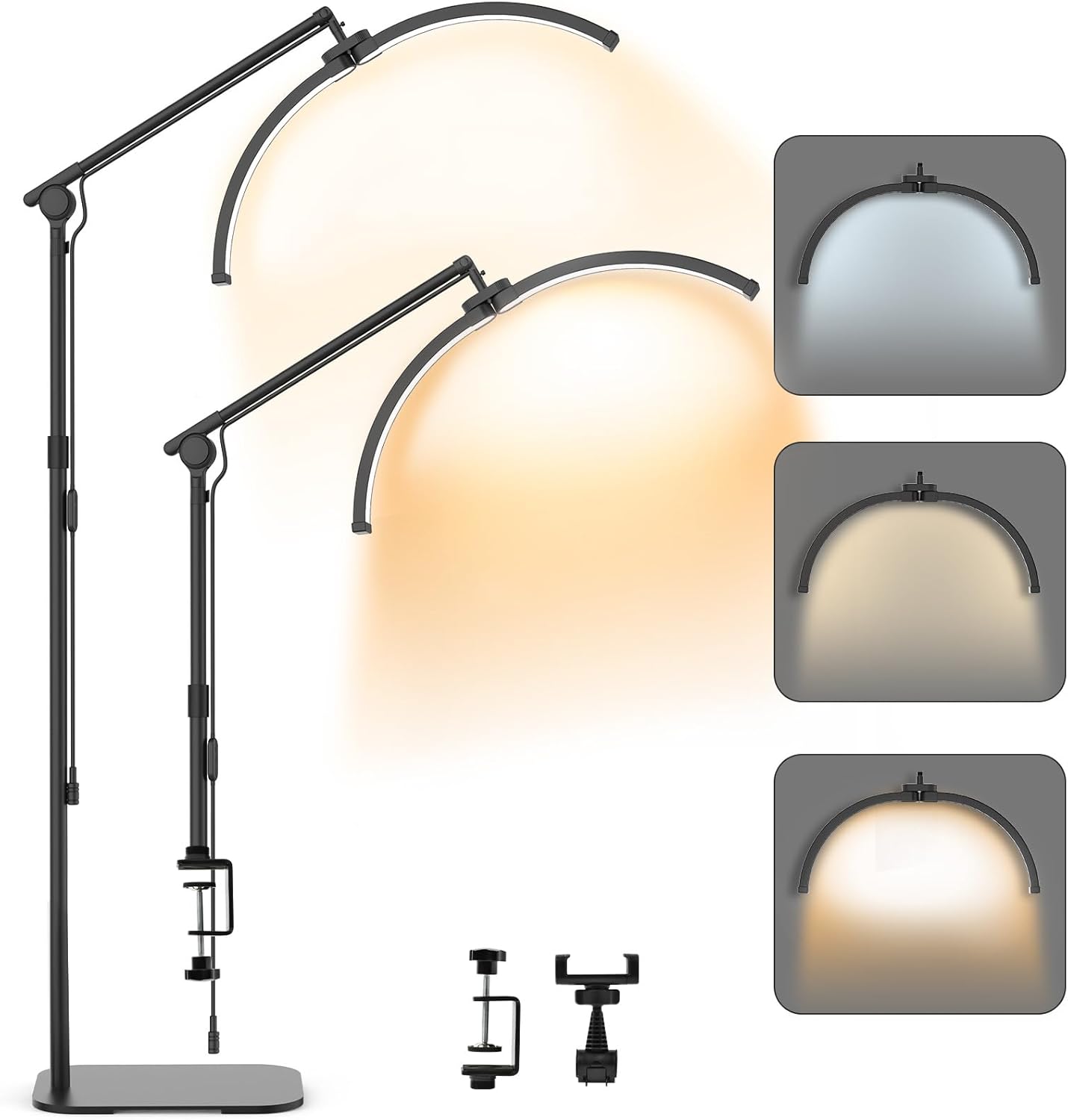 Rebonique Half Moon Lamp Lash Light for Eyelash Extensions, 28'' Foldable LED Floor Lamp, Esthetician Light with Phone Holder & Desk Clip, Standing Lamps 3 Modes for Tattoo, Nails, Beauty, Skincare