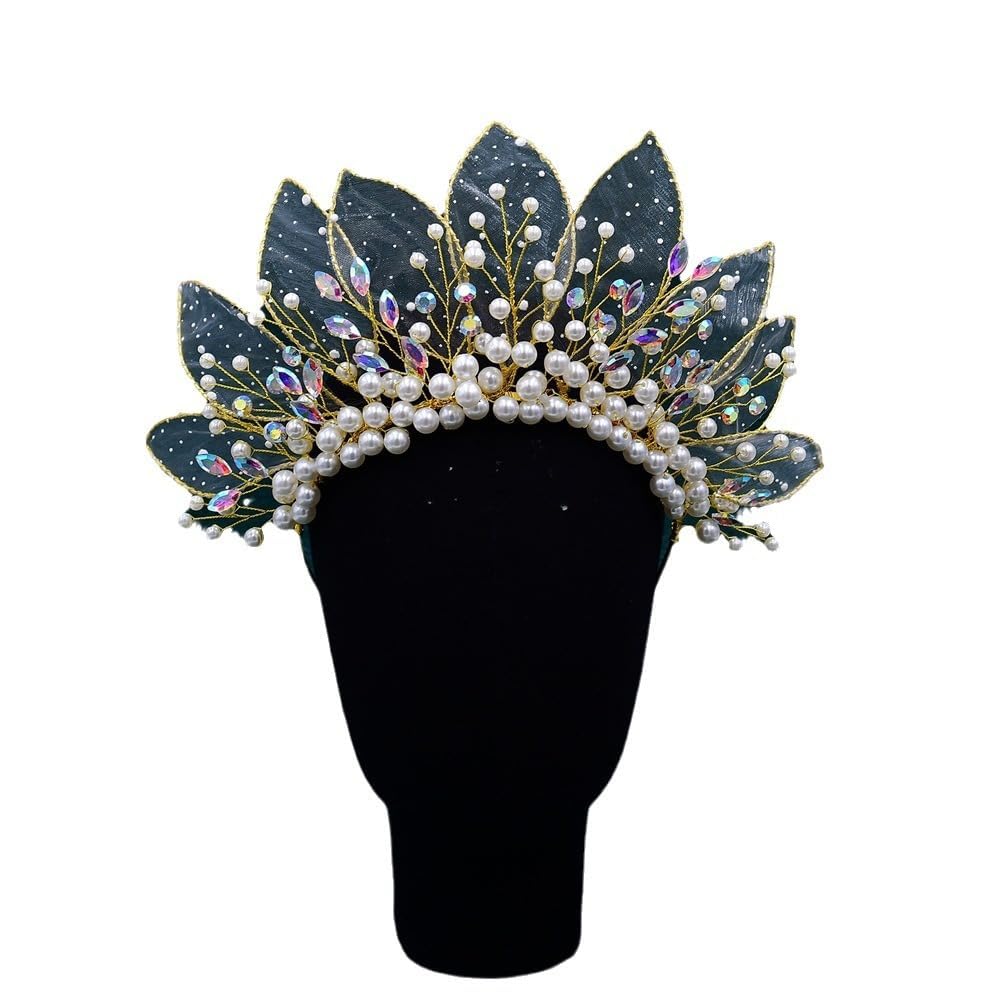 Pearl Fantasy Rhinestone Headband with Mesh Leaf Shape, for Party, Cocktail, Wedding