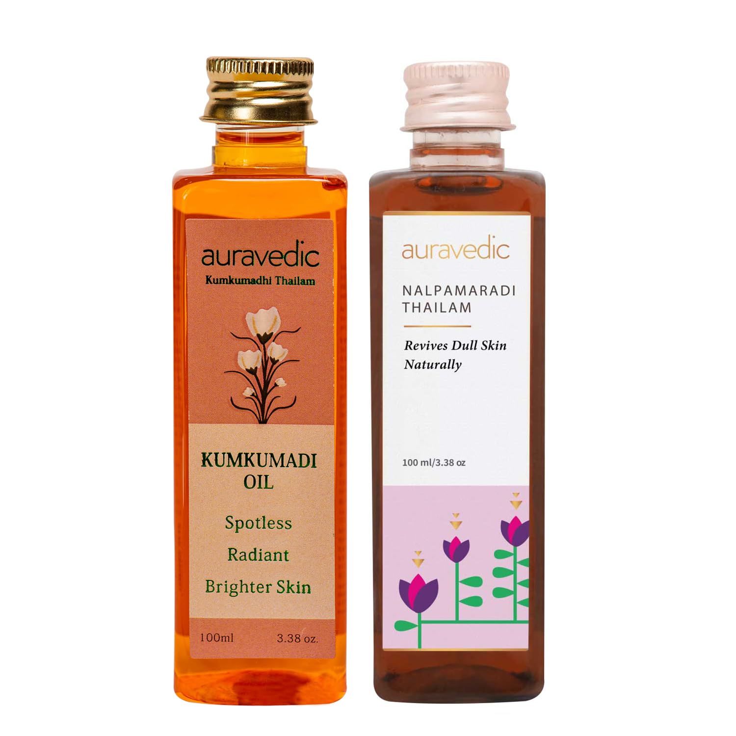 Kumkumadi & Nalpamaradi Thailam Combo | Face & Body Oil with Ayurvedic Botanicals | Helps Improve Skin Texture & Tone | Daily Use Massage Oil | 3.38 Fl Oz (Pack of 2)