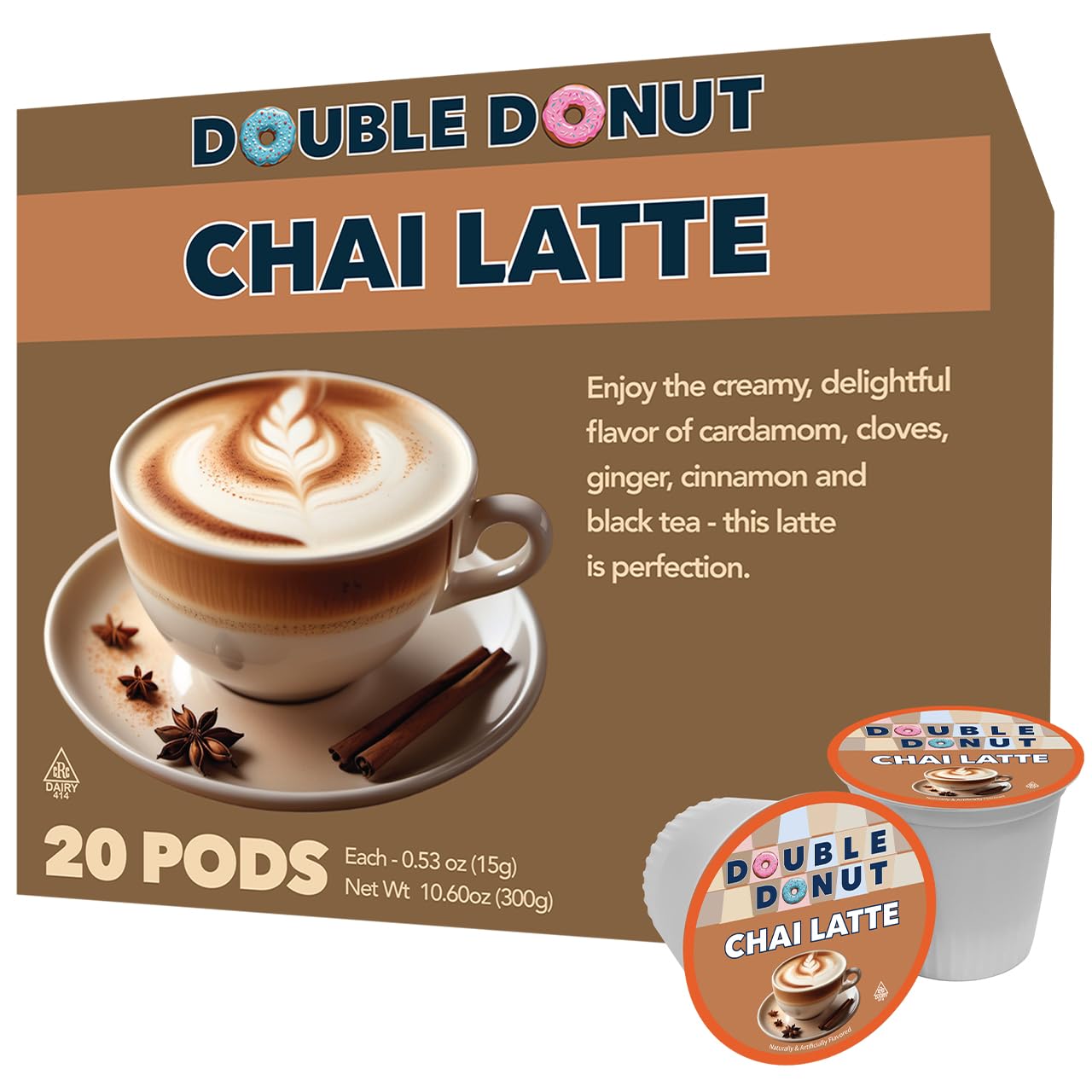 Double Donut Chai Latte Pods – Spiced & Creamy Chai Tea Latte – Notes of Cinnamon, Cardamom, Cloves & Ginger, Compatible with Keurig Brewers, 20 Count