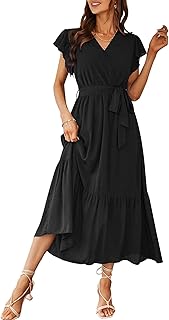 PRETTYGARDEN Women's 2024 Floral Boho Dress Wrap V Neck Short Sleeve Belted Ruffle Hem A-Line Flowy Maxi Dresses