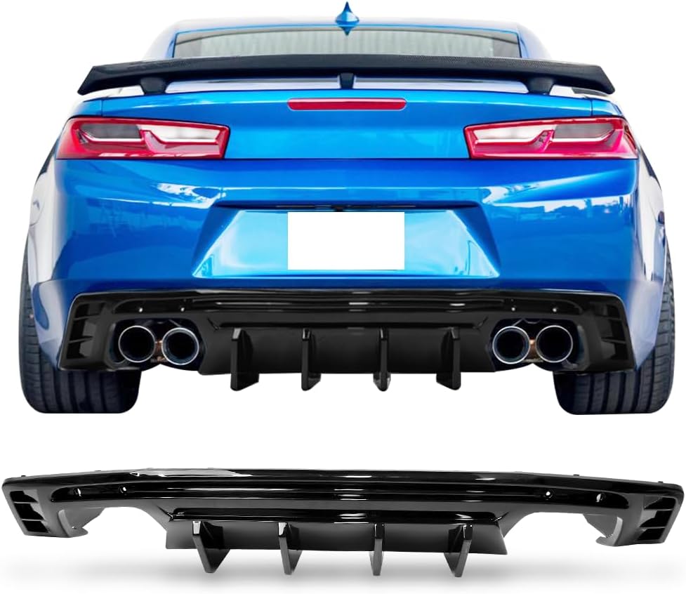 IKON MOTORSPORTS Rear Diffuser Bumper Lip Compatible with 2016-2024 Chevrolet Camaro (Except ZL1 Model), Glossy Black PP Ikon Style Valance Lower Body Protection Part