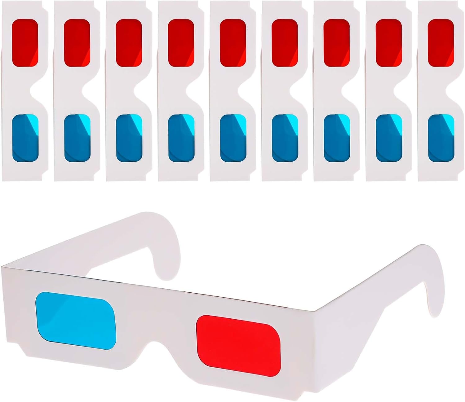 10 Pairs 3D Paper Glasses for Movies, Movie Glasses, 3D Glasses Red and Cyan Lens White Frame Anaglyph Glasses Cardboard for Movies, Folded in Protective Sleeve