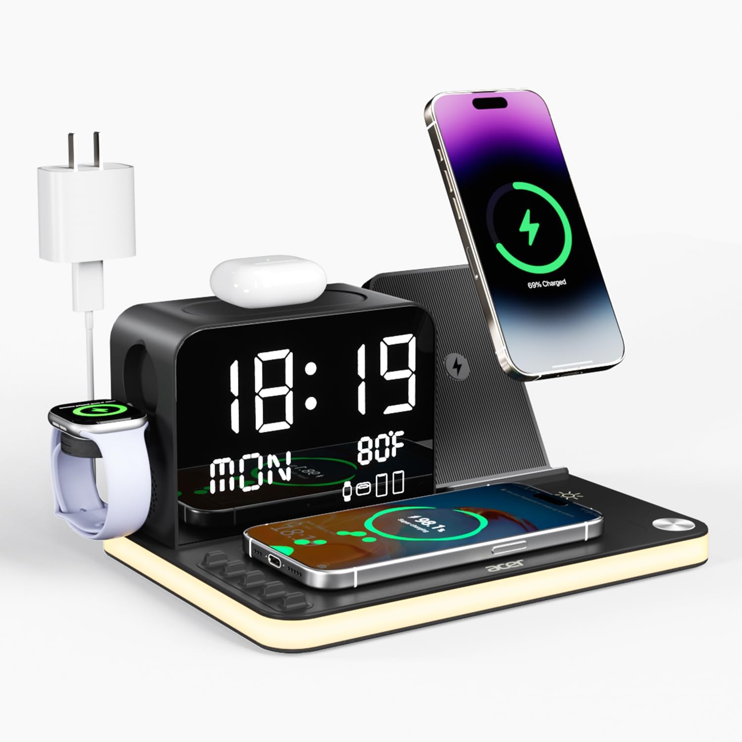 acer 7-in-1 Wireless Charging Station: Charger Stand for Multiple Devices for Apple - iPhone 16 15 14 13 12 Pro Max Apple Watch Airpods, Wireless Charger iPhone Charging Station with Bluetooth TimeSyn