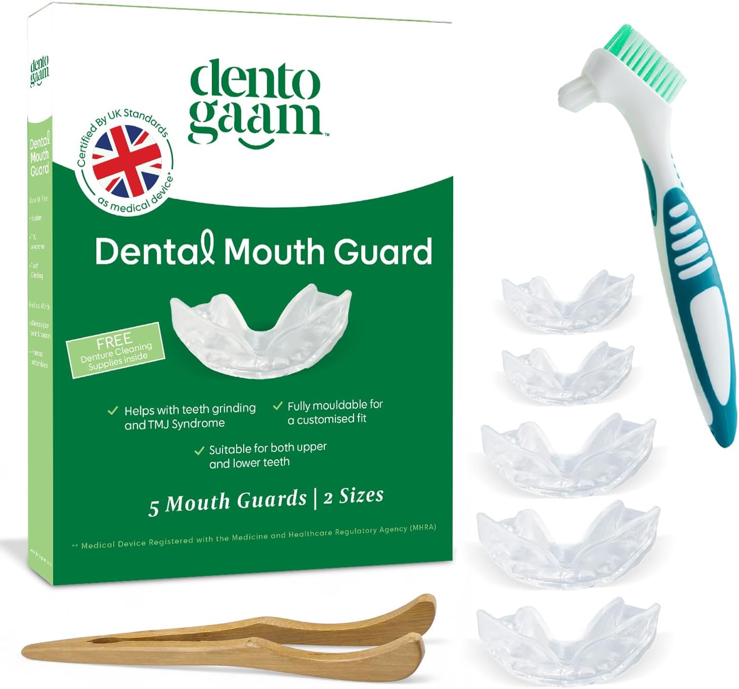 Dentogaam Dental Mouth Guard, 5 Pack with 2 Sizes, Fully Mouldable for Teeth Grinding, 5 Custom-Fit Night Guards (2 Sizes) for Adults, with Cleaning Brush & Wooden Tweezers