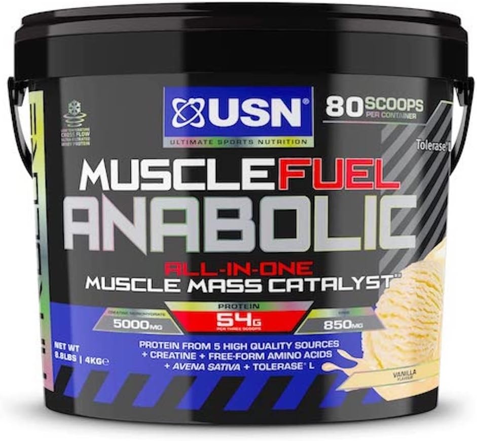 USN Muscle Fuel Anabolic All-In-One Muscle Mass Gainer, Vanilla Flavour - 4kg, 54g Protein Powder, 5g Creatine Powder & 5g BCAA Powder For Maximum Muscle Growth, Post Workout Recovery Drink Mix