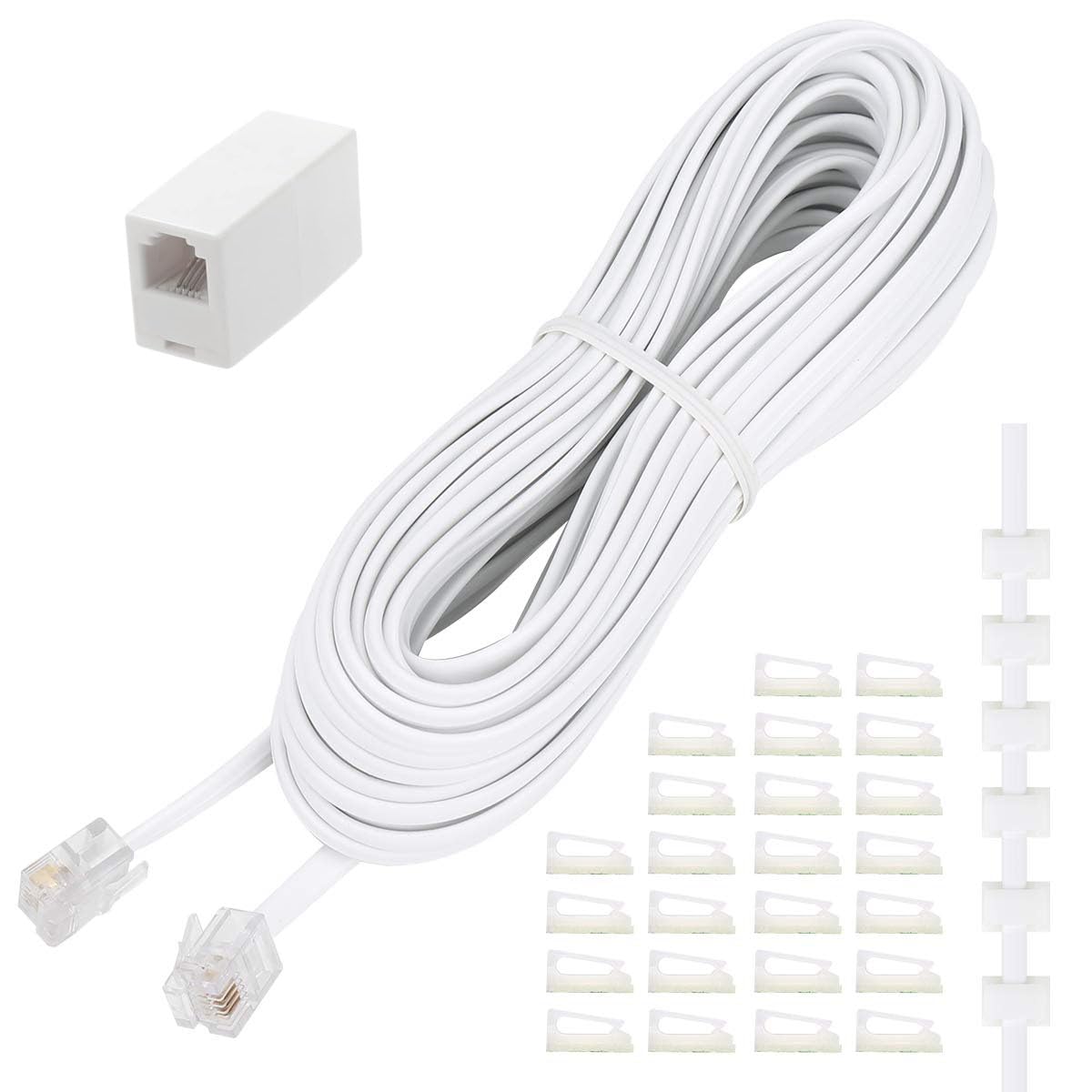 Uvital Phone Extension Cord 33Ft(10m), Telephone Cable with Standard RJ11 Plug and 1 in-Line Couplers and 20 Cable Clip Holders, White