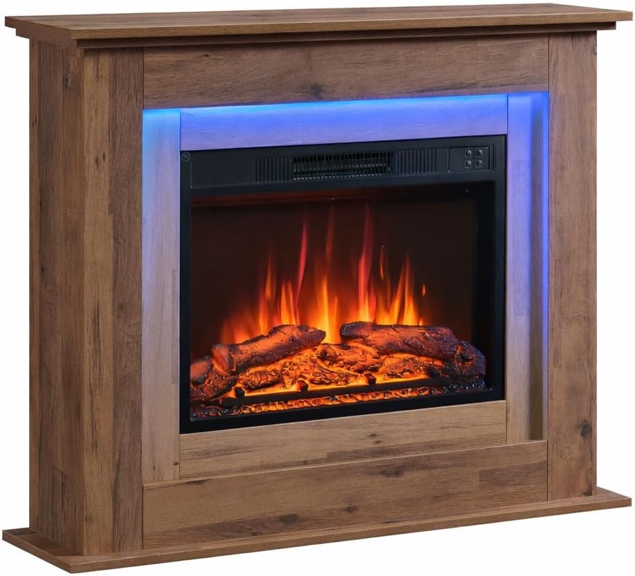 Flameko 39 Inch Electric Fire And Surround, Freestanding Fireplace Suite In Dark Bronx Oak, LED Electric Fire Place With Remote, 900W-1800W Heater, Thermostat Control And Cool Touch Glass