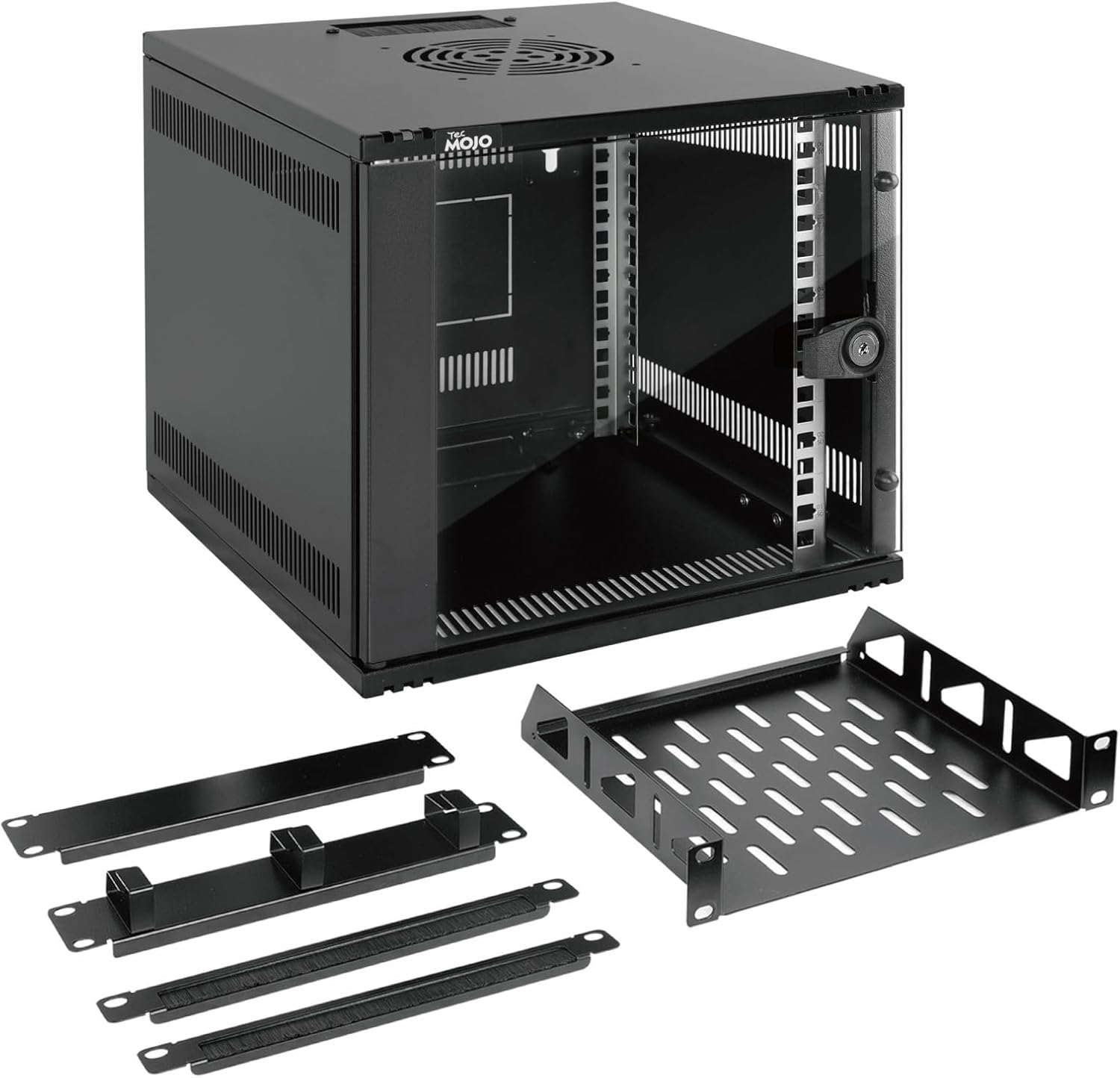 Tecmojo 6U Wall Mount Data Cabinet, 10in Wide 300mm Depth Network Cabinet with Rack Shelf, Brush Panels, Cable Organizer for 10'' AV/IT/Data Devices, 44lbs(20kg) Capacity, Glass Door