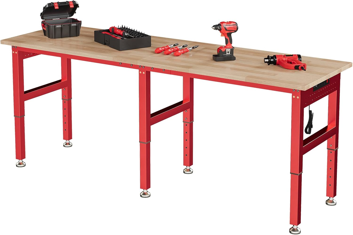 SPECRAFT 84" Red Adjustable Heavy Duty Workbench with 4 AC Outlet and 2 USB Ports Power Outlets, 6000 Lbs Capacity, Rubber Wood Top for Garage, Workshop, Office