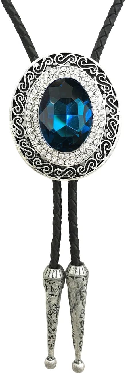 HAISWET Genunie Leather Native Western Blue Rhinestone Big Stone Bolo Tie Silver Tone