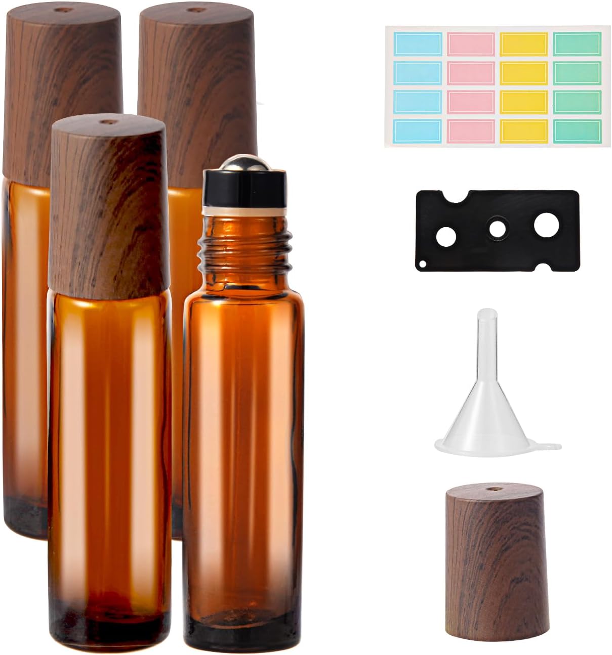 Hyber&Cara 10ml Glass Roll on Bottles, 4Pcs Essential Oils Roller Bottles with Stainless Steel Roller Balls Perfect for Fragrance, Aromatherapy (Included 1 Bottle Opener,Sticker and 1 Funnel)