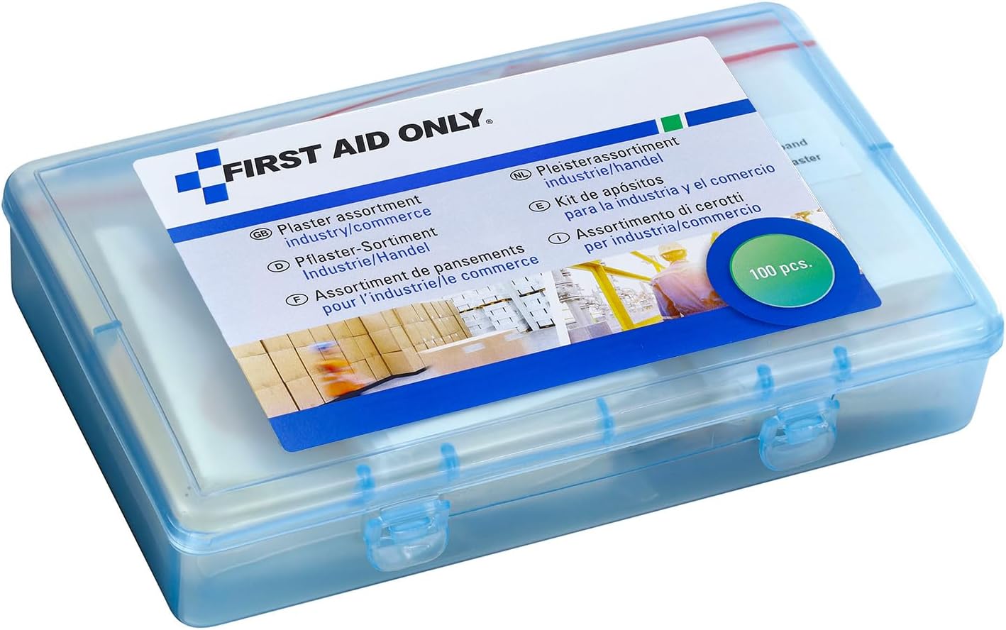 First Aid Only Plaster Set for Industry/Trade (100 Pieces) | 100 plasters in Various Sizes and Shapes in resealable Plaster Box | P-10023