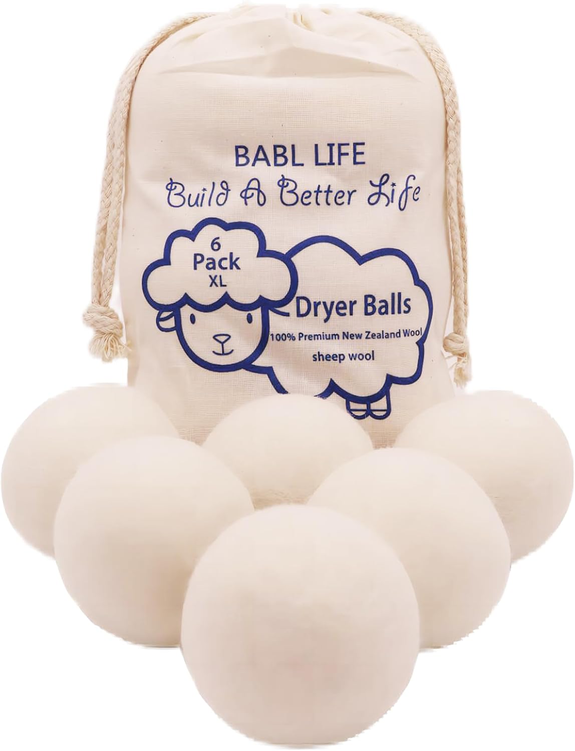 Wool Dryer Balls-Pack of 6,Premium Reusable New Zealand Natural Fabric Softener,Saves Drying Time, Handmade-Upgraded Version(Made of The Latest Shearing)-2.6 Inch