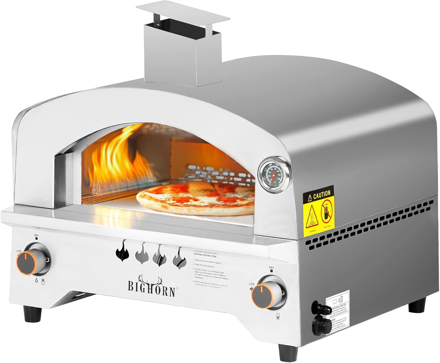 BIG HORN OUTDOORS Gas Pizza Oven, Portable Propane Pizza Oven with 13 inch Pizza Stone, Stainless Steel Pizza Maker for Outdoor Cooking
