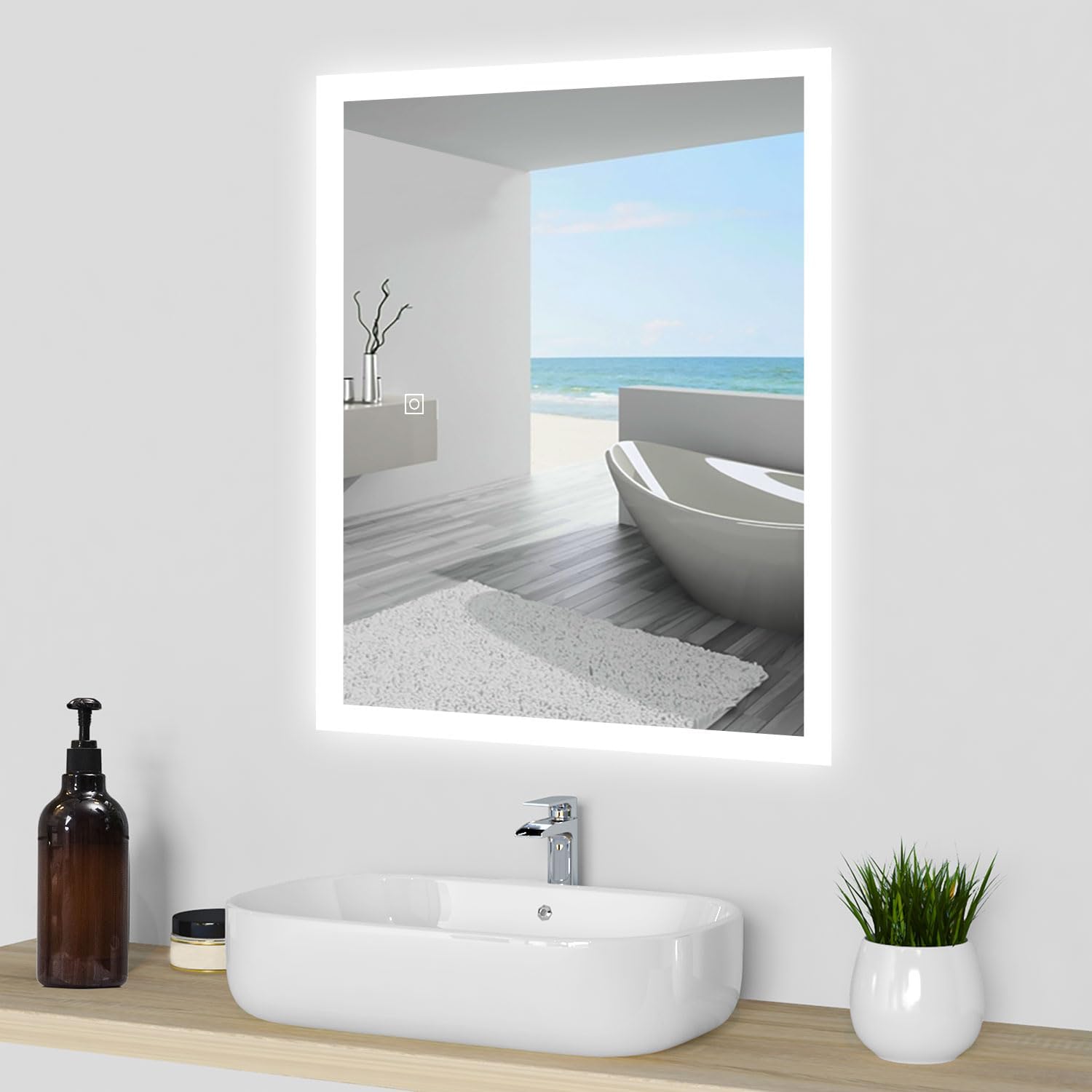 500 X 700 mm Illuminated LED Bathroom Mirror with Shaver Socket, Dimmable Light, Wall Mounted Smart Bathroom Vanity Mirror with Anti-fog Demister Wall Switch/Touch Switch Energy-Saving