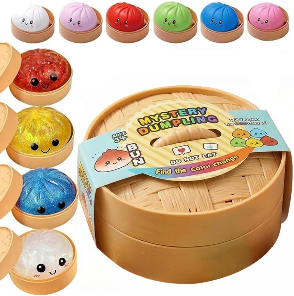 Dumpling Squishies Mystery Box, Glitter Dumplings Squeeze Box, TPR Low Rising Squishies Sensory Fidget Toy for Anxiety, Unique Gifts for Kids and Adults