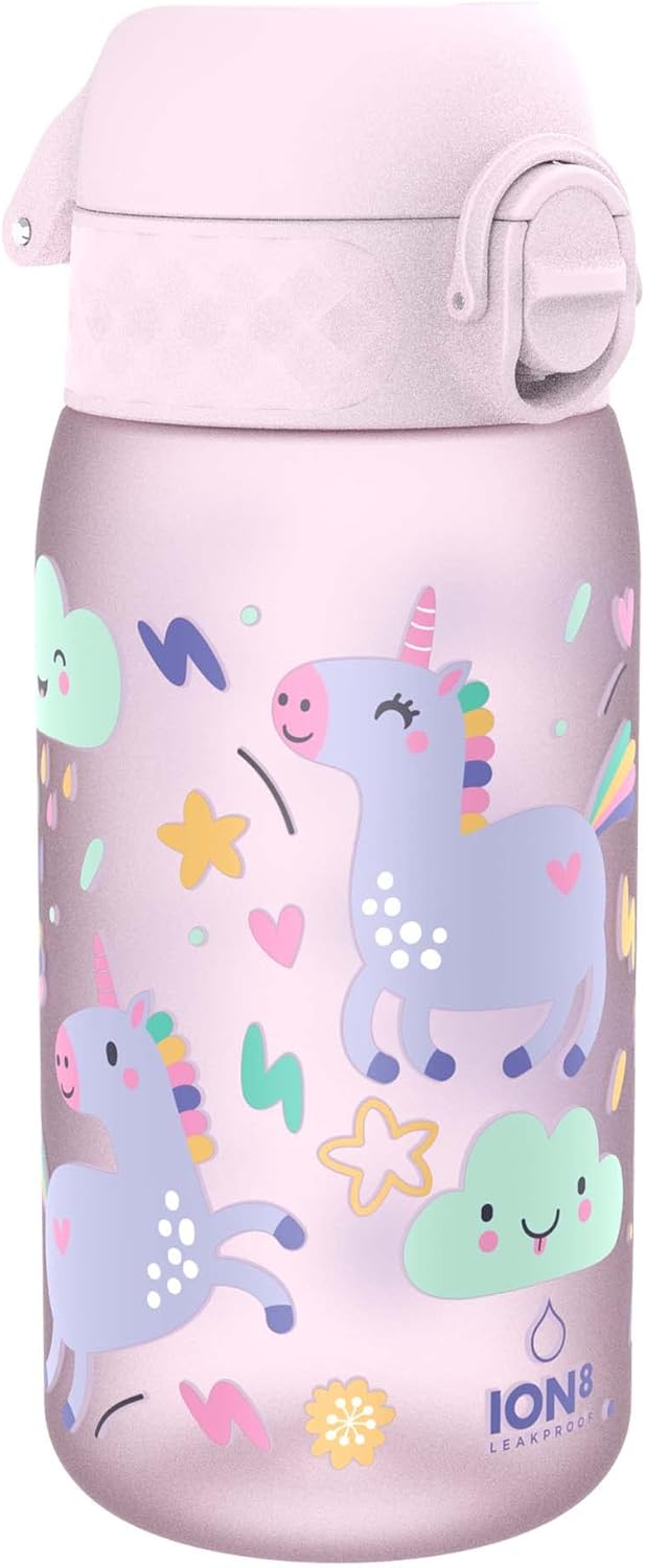 Ion8 Kids Water Bottles, BPA Free, Leakproof, Dishwasher Safe, Easy Open, Secure Lock, Small Boys & Girls Water Bottle,Kids Drinks Bottle for Spill-free Drinking, Pink, Unicorns, 350ml/12oz