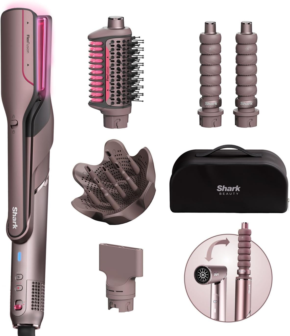 Shark FlexFusion Multi-Styler and Hair Straightener, Hot Air Styler and Blow Dryer with Ceramic Plates, Wet-to-Dry Styling, No Heat Damage, Scalp Shield, Styling Attachments with Case – Cosmic Blush