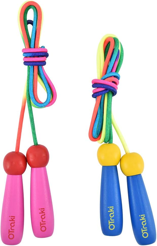 OTraki 2 Pack Skipping Rope Kids 7Ft/2.5M Jump rope Adjustable with Wooden Handle Jumping rope for Girls or Boys Children Skip Ropes 5+ Years for Exercise Fitness