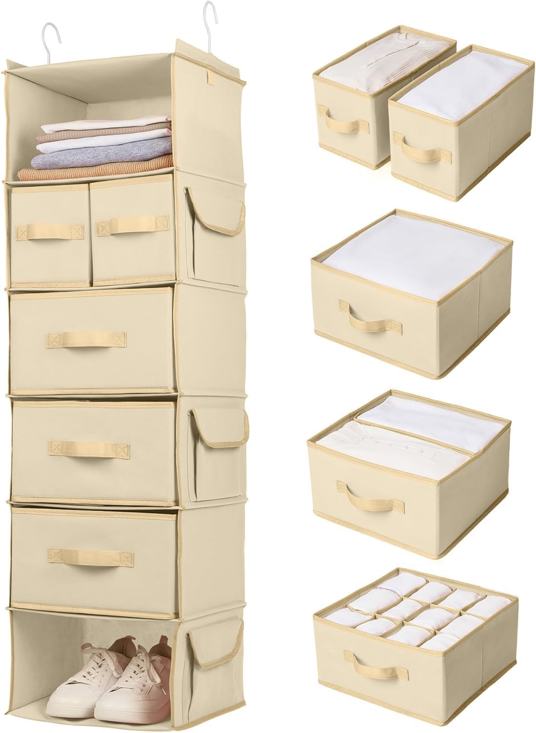 SMIRLY 6 Shelf Hanging Closet Organizer Hanging Shelves, Closet Hanging Organizer with 2 Sturdy Hooks for Wardrobe, Nursery, Storage (Beige, Inseparate)