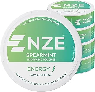 NZE Caffeine Nootropic Pouches (Spearmint) - Nootropic Energy Pouches with 50mg Caffeine, Alpha GPC, L-Tyrosine & L-Theanine with No Sugar or Artificial Sweeteners - 15 Nicotine Free Pouches Per Can