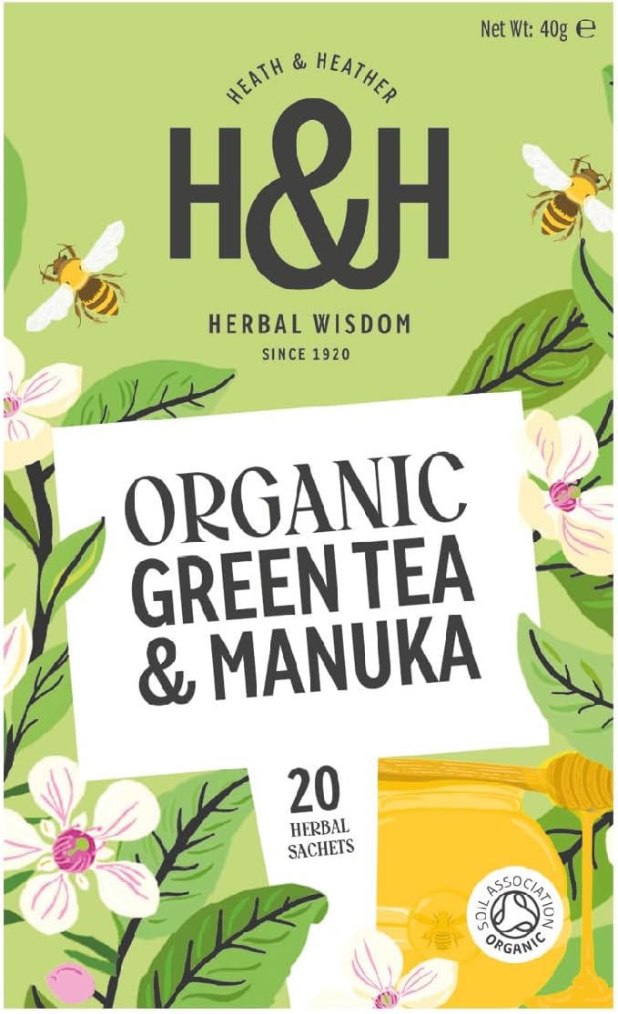 Heath & Heather Organic Green Tea with Manuka Honey Tea Bags | Individually Wrapped Caffeine-Free Herbal Tea Infusions | 1 Pack of 20, Total 20 Tea Bags