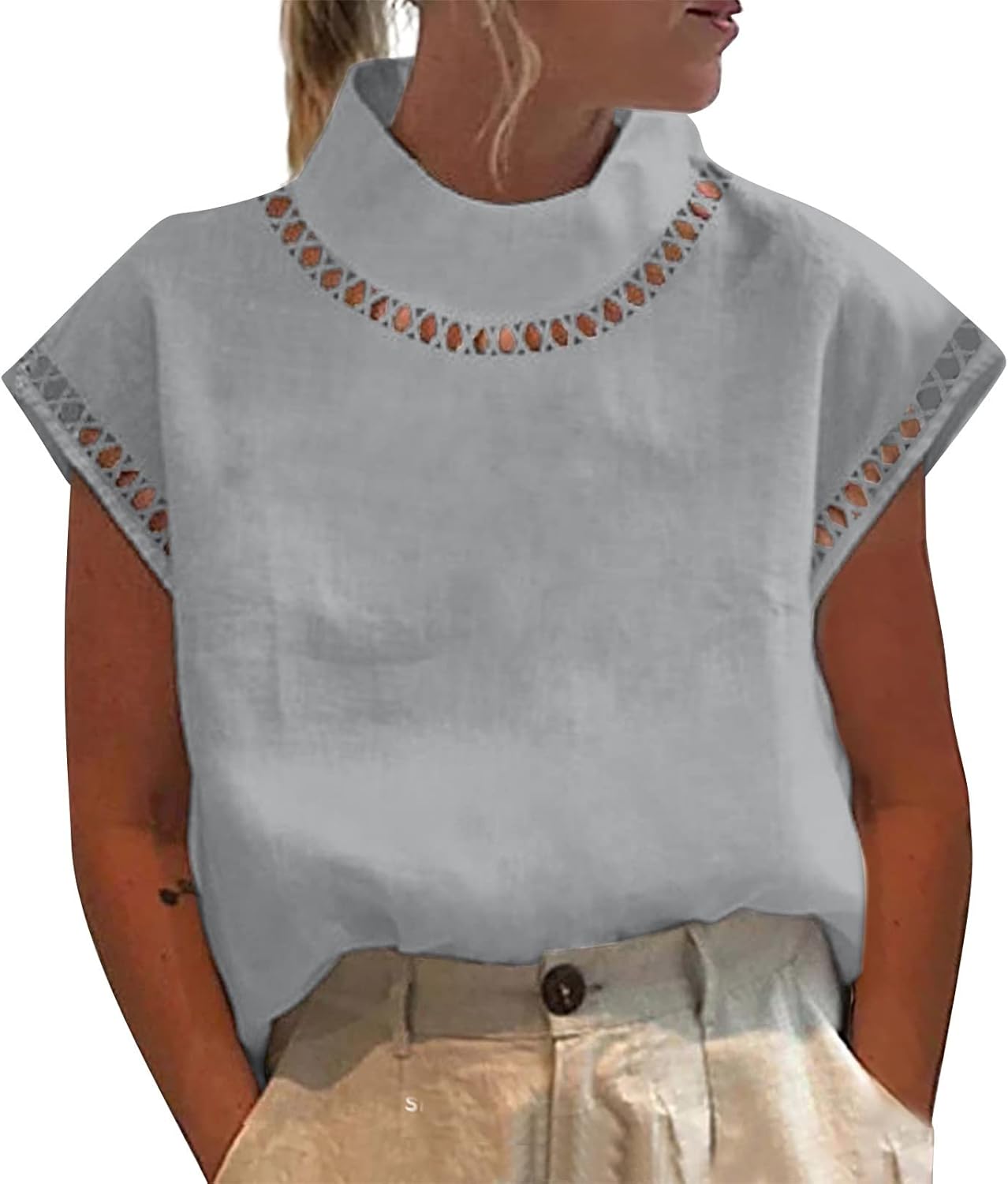 Womens Cotton Linen Tops Casual Loose Eyelet Cap Sleeve T Shirt Oversized Mock Neck Blouse Summer Tees Comfy Tshirts