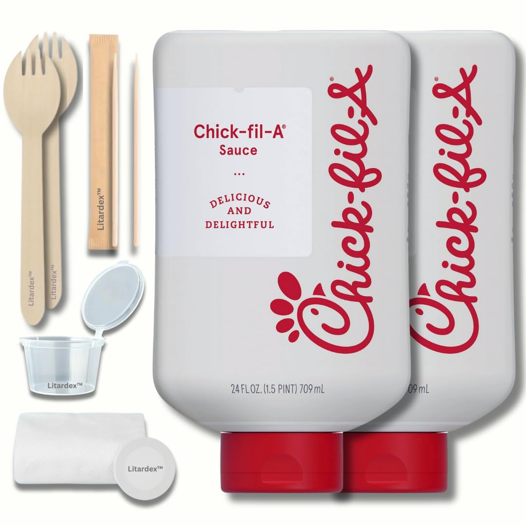 Chick-fil-A Original Sauce 24oz 2-Pack Bundle with Litardex Wooden Sporks, Toothpicks, Dipping Cup, and Compressed Towel (5 Items)