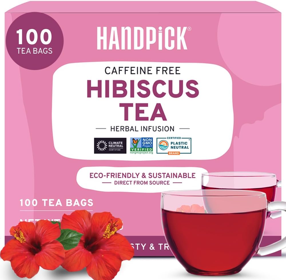 HANDPICK, Hibiscus Tea Bags - 100 Count | 100% Pure Ingredients- Hibiscus Flowers | Brew Hot, Iced Tea or Kombucha Tea | Round Herbal Tea Bags