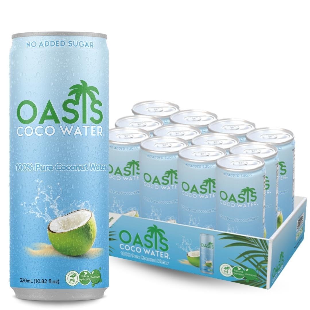 Oasis Coconut Water, 12 Pack, 100% Pure Coconut Water with Electrolytes, Natural Hydration Electrolyte Water Drink, Low Calorie, No Sugar Added, No Artificial Ingredients or Preservatives, 320 ml Cans