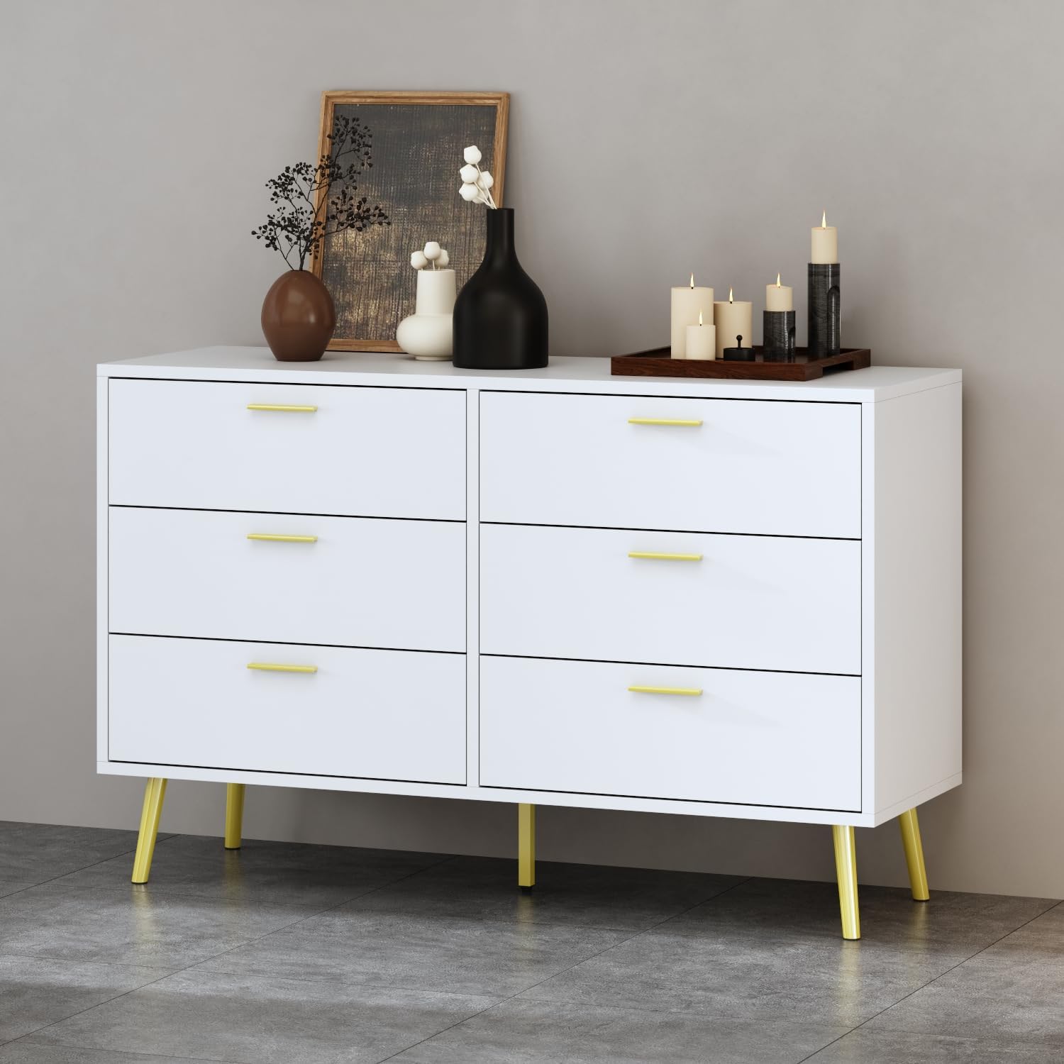 6 Drawer Double Dresser for Bedroom, 47.2" Long Chest of Dressers, Modern Drawer Organizer with Golden Handles & Legs, Beside Table for Closet, Living Room and Entryway, White
