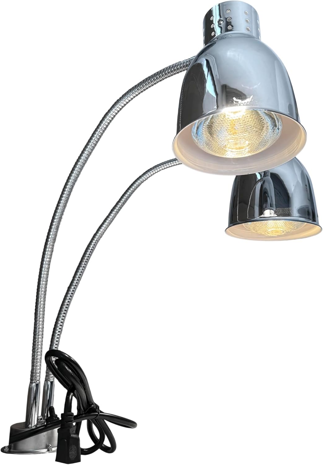 Dual Bulbs Food Heat Lamp Adjustable Food Light Warmer 500 Watts Heating Lamps for Hot Food Countertop Chrome (Double Arm with Clamp)