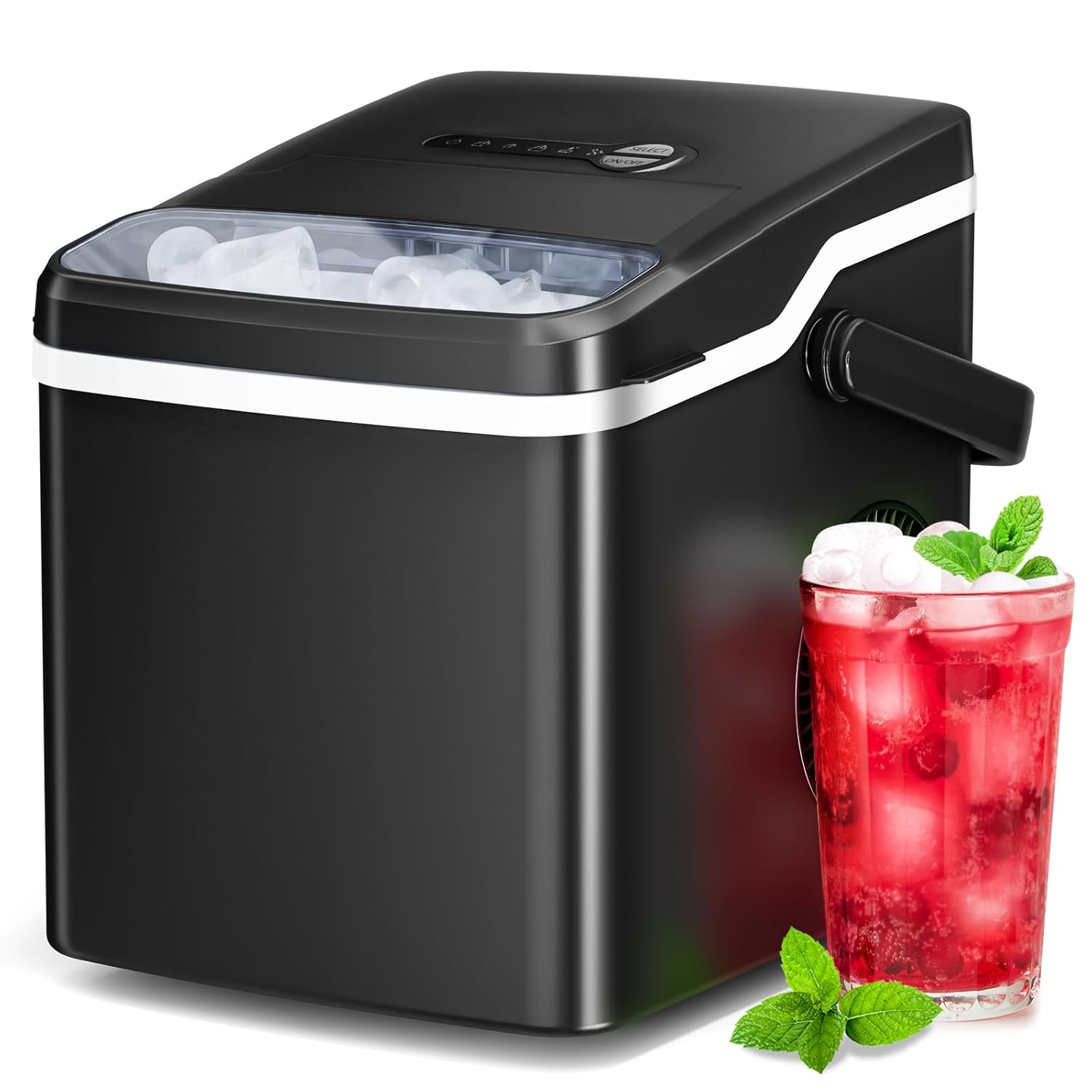 Ice Maker Countertop, Portable Ice Maker Machine, 26.5Lbs/24H, 9Pcs/6Mins, 2 Sizes of Bullet Ice, Self-Cleaning, Basket and Scoop, Ideal for Home/Office/Outdoor Use, Black