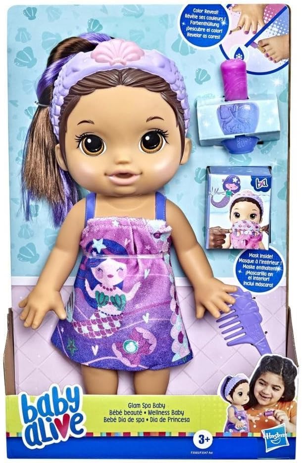 Baby Alive Glam Spa Baby Doll, Mermaid, Makeup Toy for Kids 3 and Up, Color Reveal Mani-Pedi and Makeup, 12.6-Inch Waterplay Doll, Brown Hair