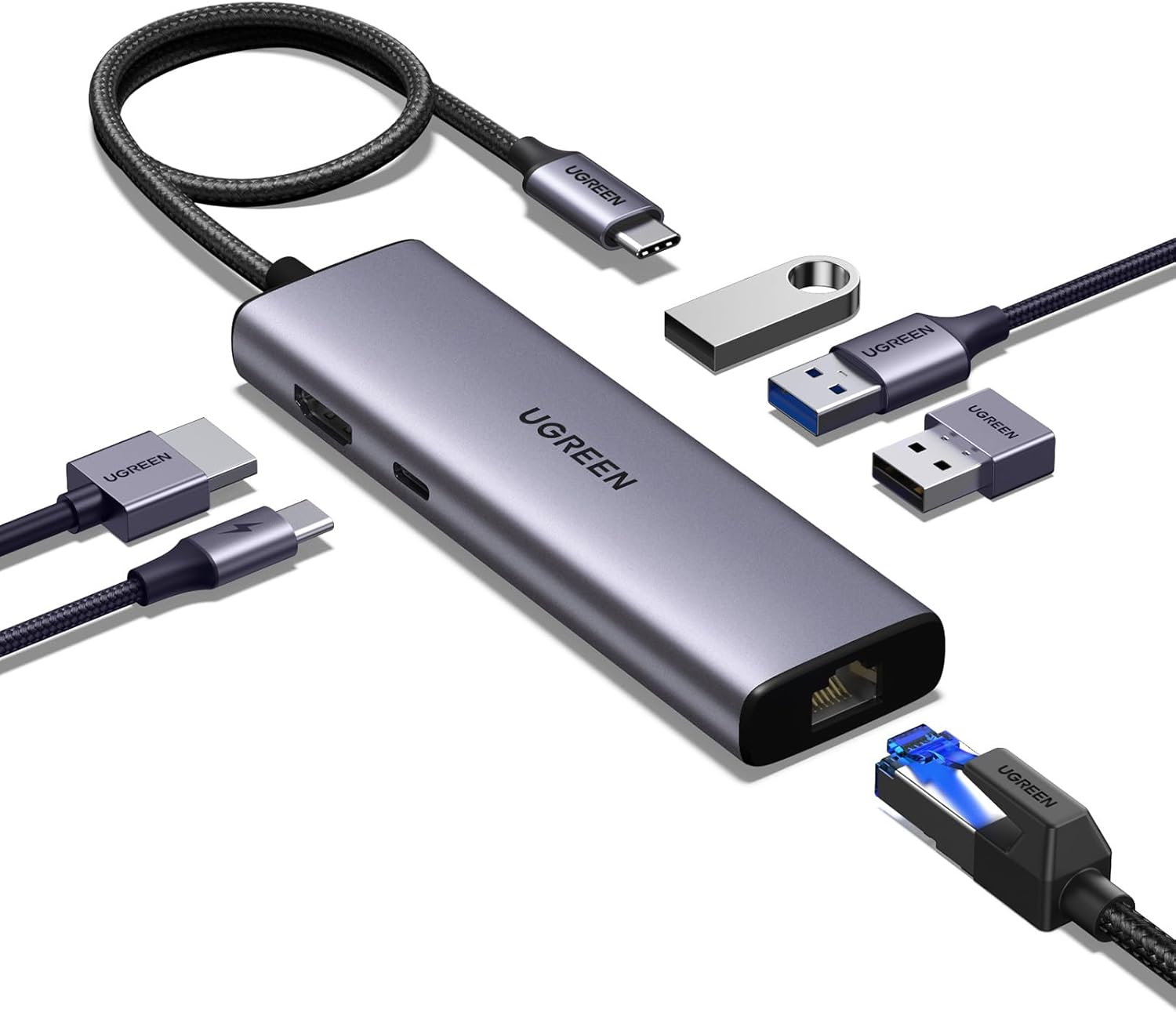 UGREEN Revodok USB C Hub Ethernet, 6-in-1 USB-C Dock with 1000Mbps Ethernet, 4K HDMI, 100W PD, 3 USB-A 3.0 Data Ports, Multiport Adapter for MacBook Air M1/M2, iPhone 15 Pro Series, iPad, Surface, XPS