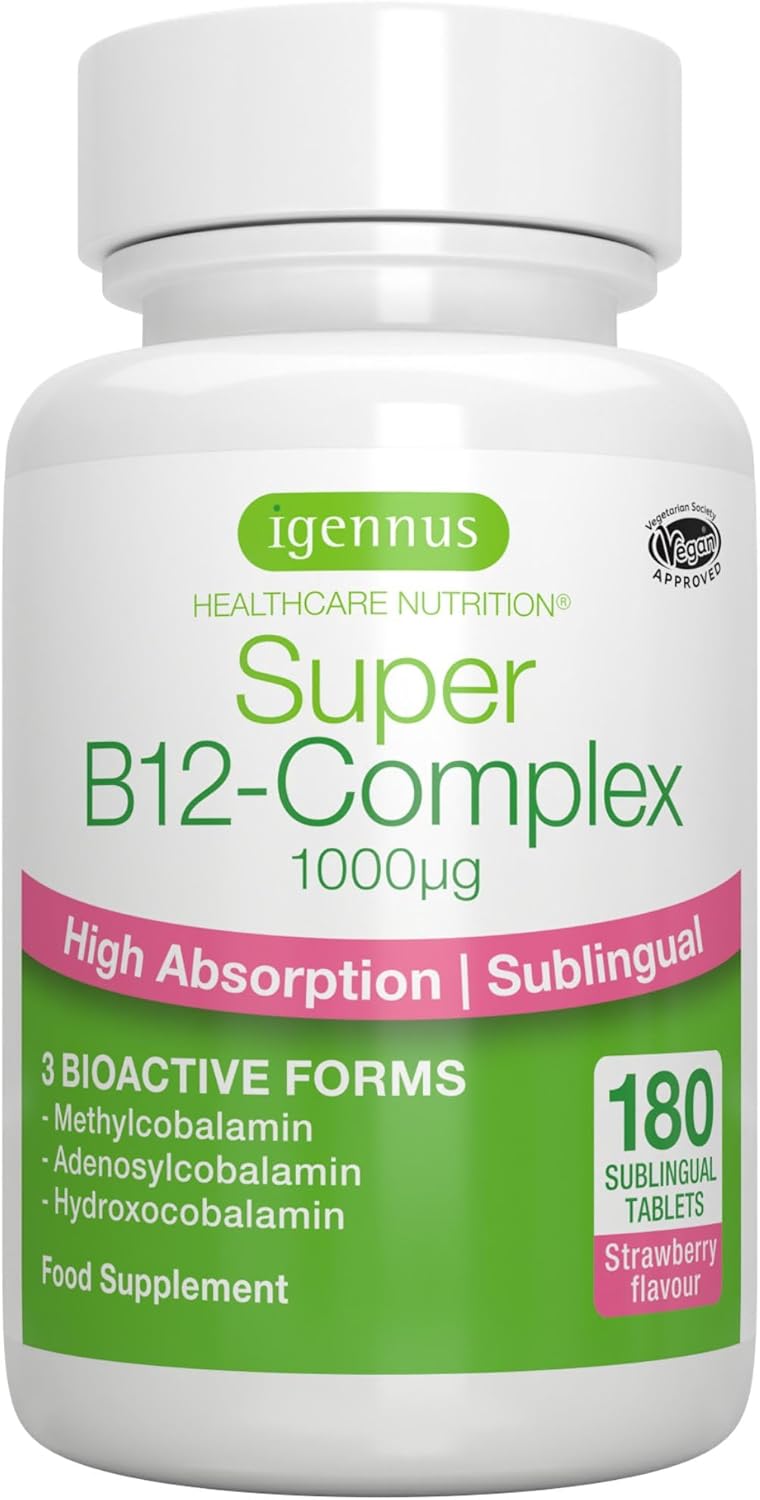 Igennus Super Vitamin B12-Complex 1000mcg Sublingual, Methylated Methylcobalamin, 180 Servings, Clean Label & Vegan, 3 High Absorption Forms, Sugar-Free Melts, 1-a-Day