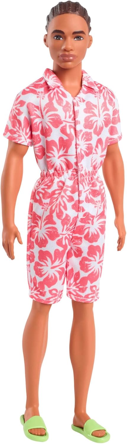 Barbie Fashionistas Ken Doll #235 with Braided Brown Hair, Wearing Coral Jumpsuit with Hawaiian Print and Green Sandals, HYT99