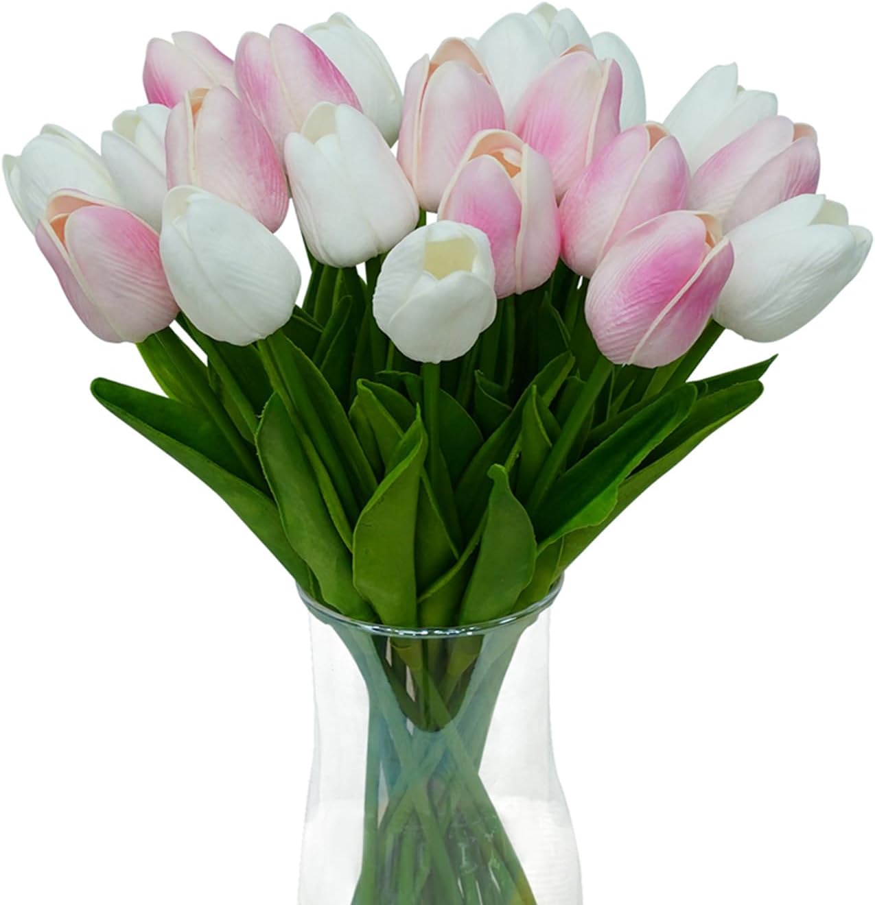 20pcs White and Pink PU Faux Tulips Flowers 13 Inch Fake Flowers Mother's Day Easter Valentine’S Day Gifts in Home Kitchen Wedding Dining Table Decoration