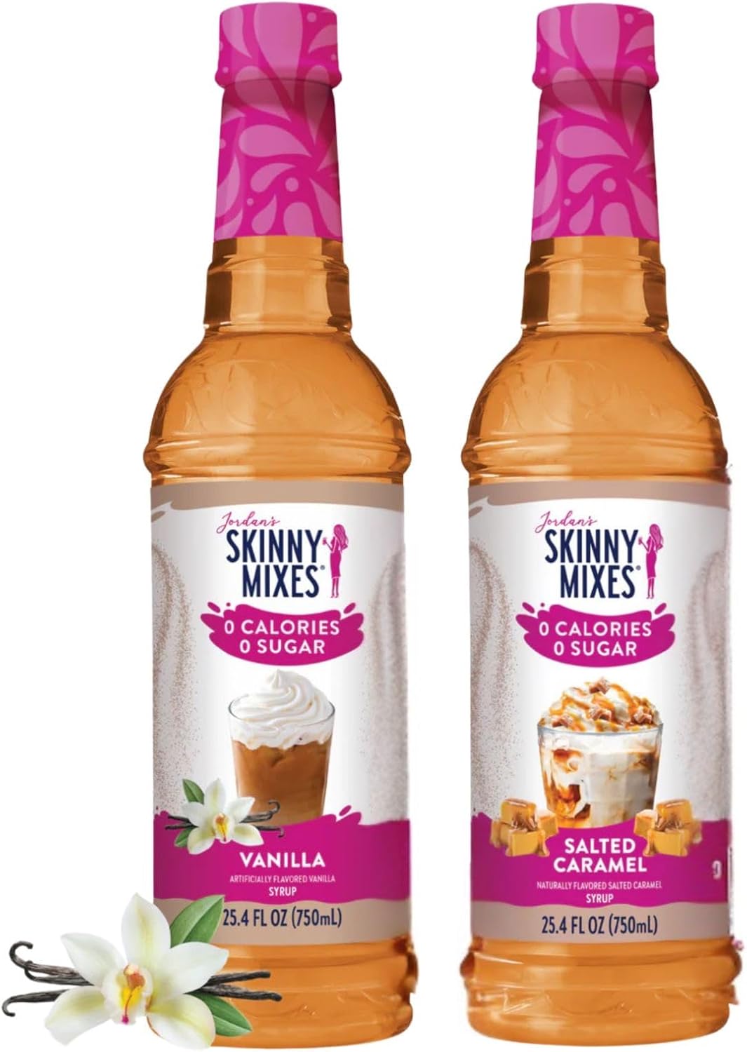 Jordan's Skinny Syrups Sugar Free Salted Caramel & Vanilla Coffee Syrup Combo Pack | Keto-Friendly | 0 Calories | 0 Sugar | 0 Carbs | 750ml/25.4oz each Bottle