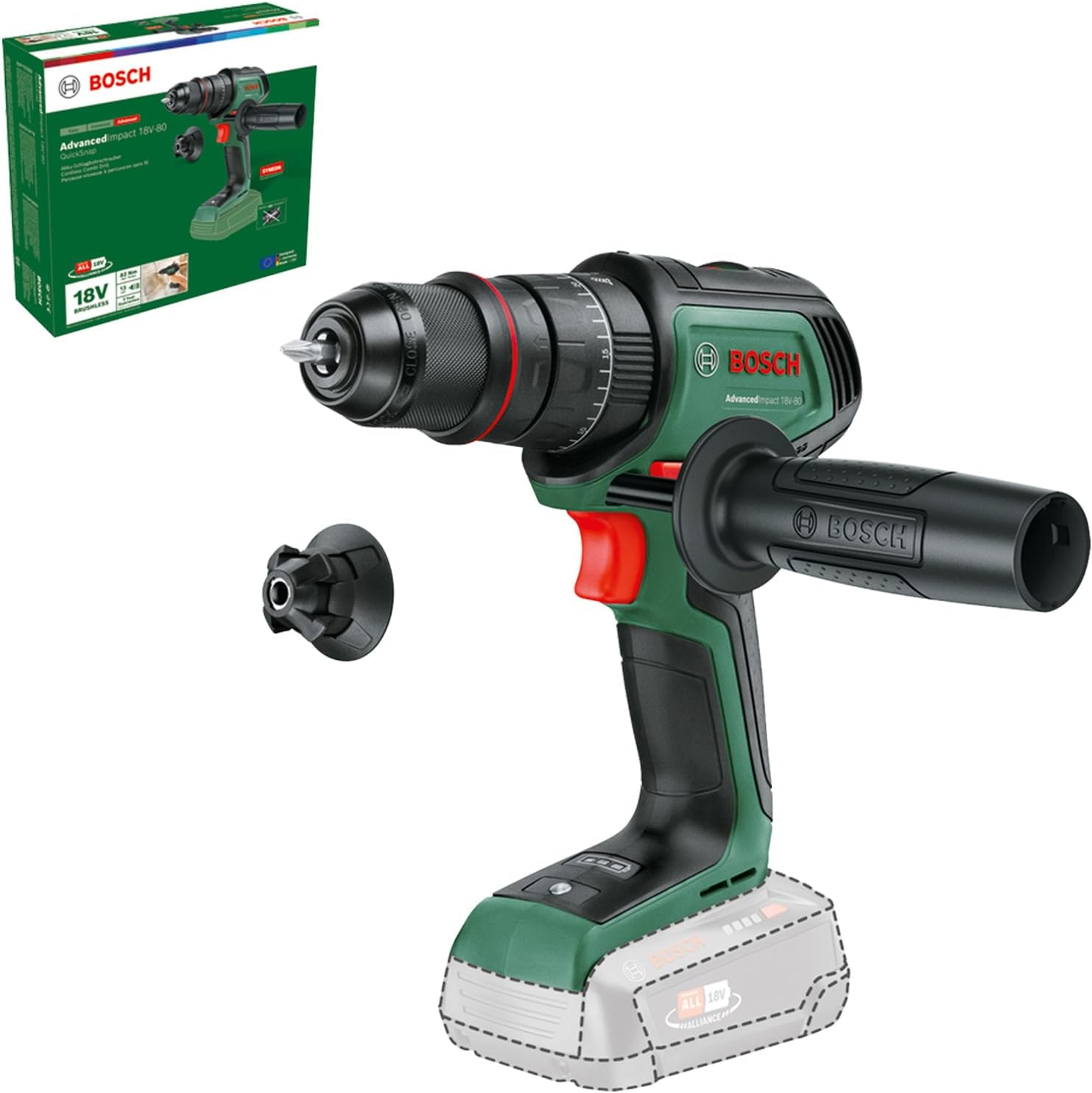 Bosch Cordless Hammer Drill AdvancedImpact 18V-80 QuickSnap (for Drilling and Screwdriving; 18V System; Brushless; 82 Nm; 13mm Drill Chuck; Auxiliary Handle; Without Battery)