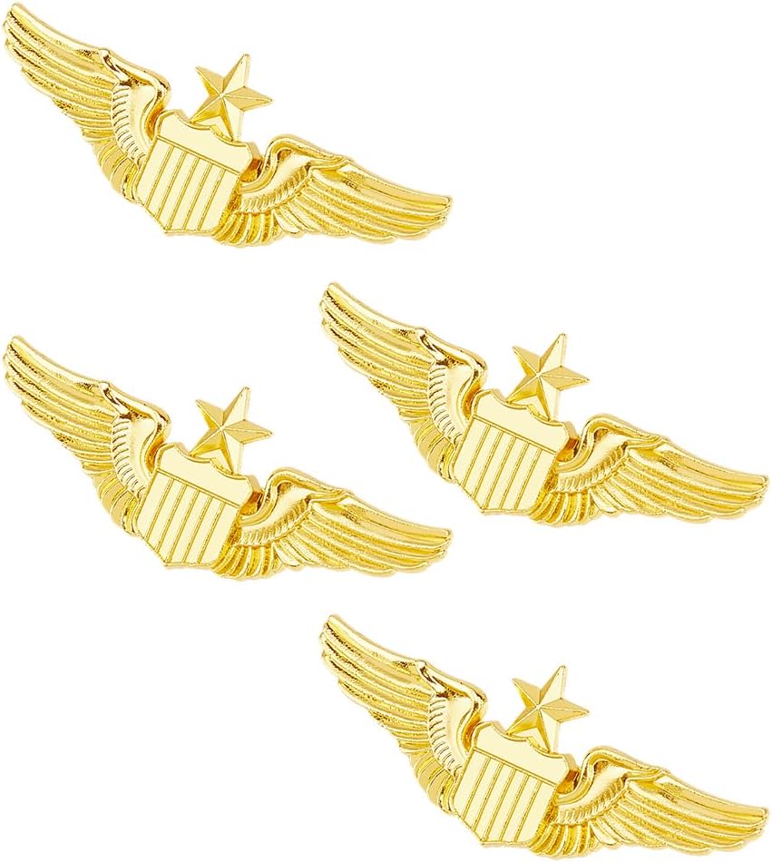 SUPERFINDINGS 4Pcs Wings Pin Alloy Gold Wing Pilot Badge 2.32'' Costume Lapel Pins Brooch Air Force Wing Pins Metal Aviator Wings Pin for Hat Shirt Uniform Pilot Costume