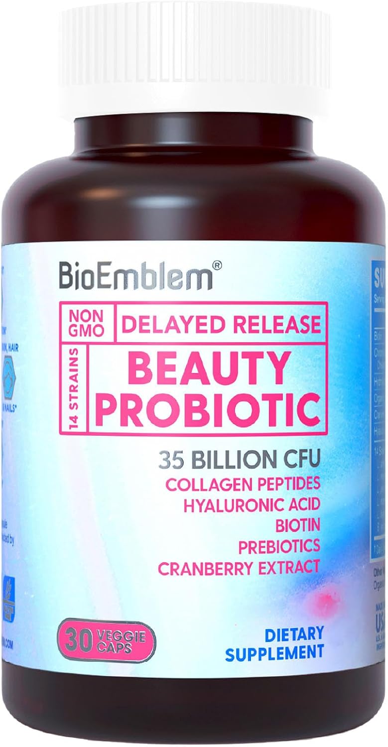 BioEmblem Beauty Probiotics for Women, 35 Billion CFU 14 Strains with Biotin, Collagen, Prebiotics for Digestive Health, Hair Skin and Nails, Vaginal Probiotics Supplement, Shelf Stable, 30 Caps