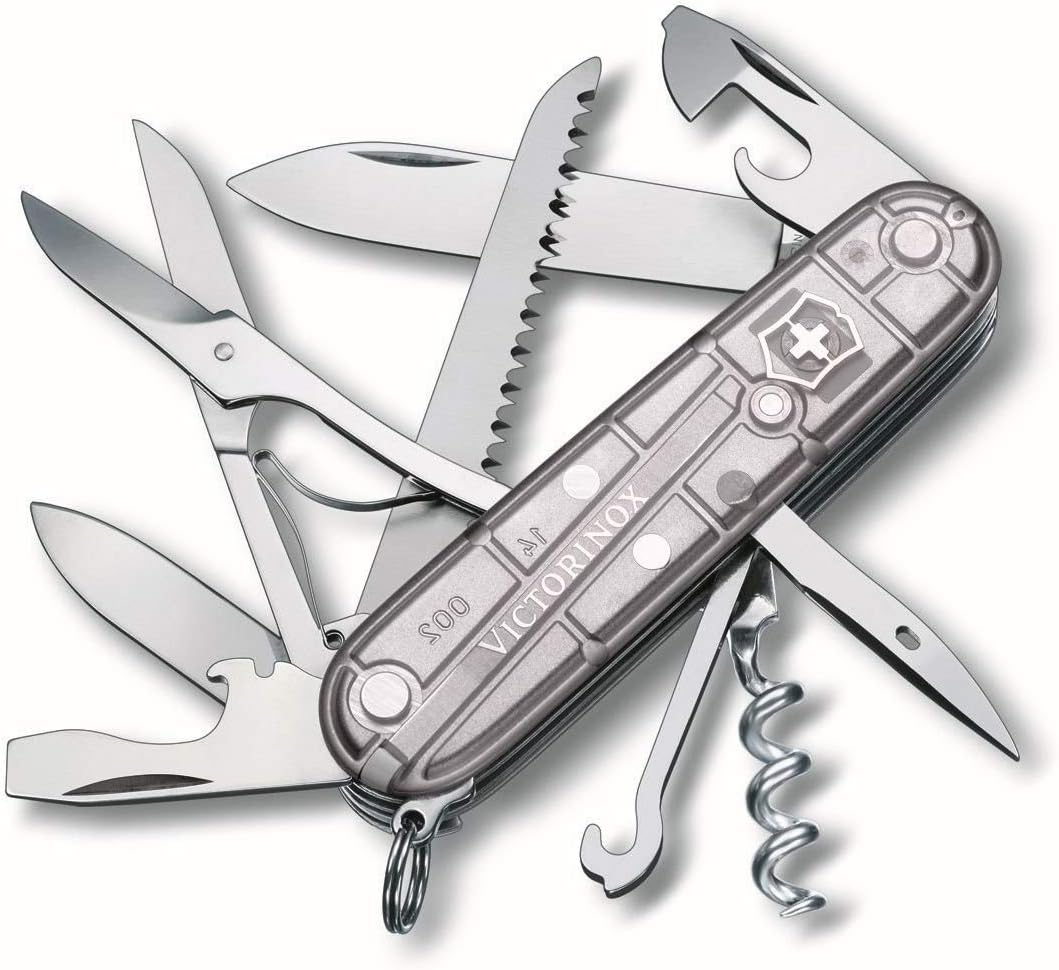 Victorinox Huntsman Swiss Army Knife, Medium, Multi Tool, Camping Knife, 15 Functions, Large Blade, Bottle Opener, Silver Transparent