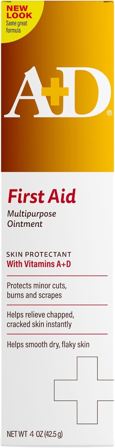 A+D First Aid Multipurpose Healing Ointment - Moisturizing Skin Protectant for Dry Cracked Heels, Elbows, Hands and Lips - Protects Minor Cuts, Burns, & Scrapes – 4 oz Tube
