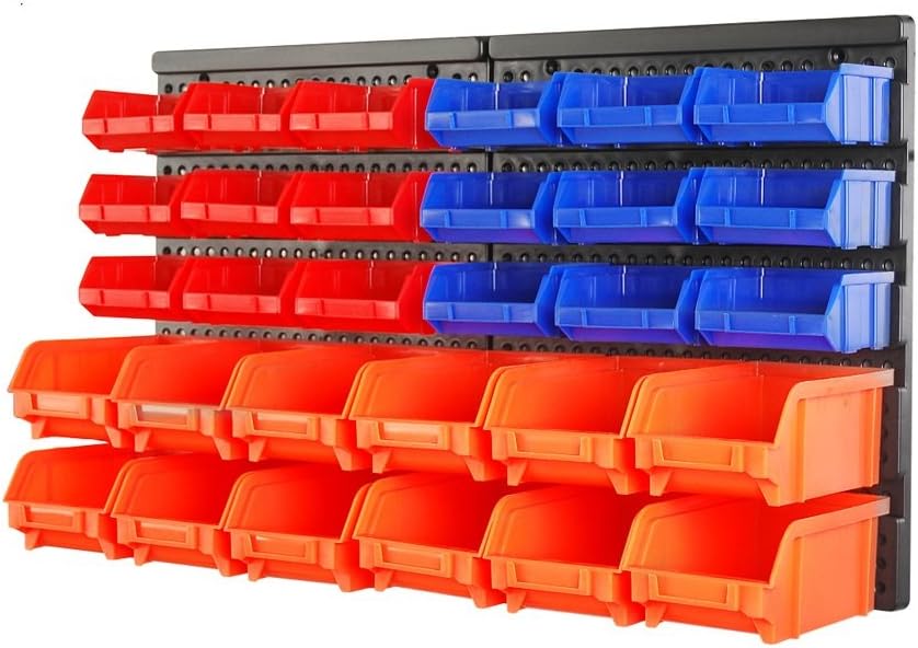HORUSDY Wall Mounted Storage Bins Parts Rack 30PC Organizer Garage Plastic Shop Tool for Men's Gift, Blue,Orange,Red