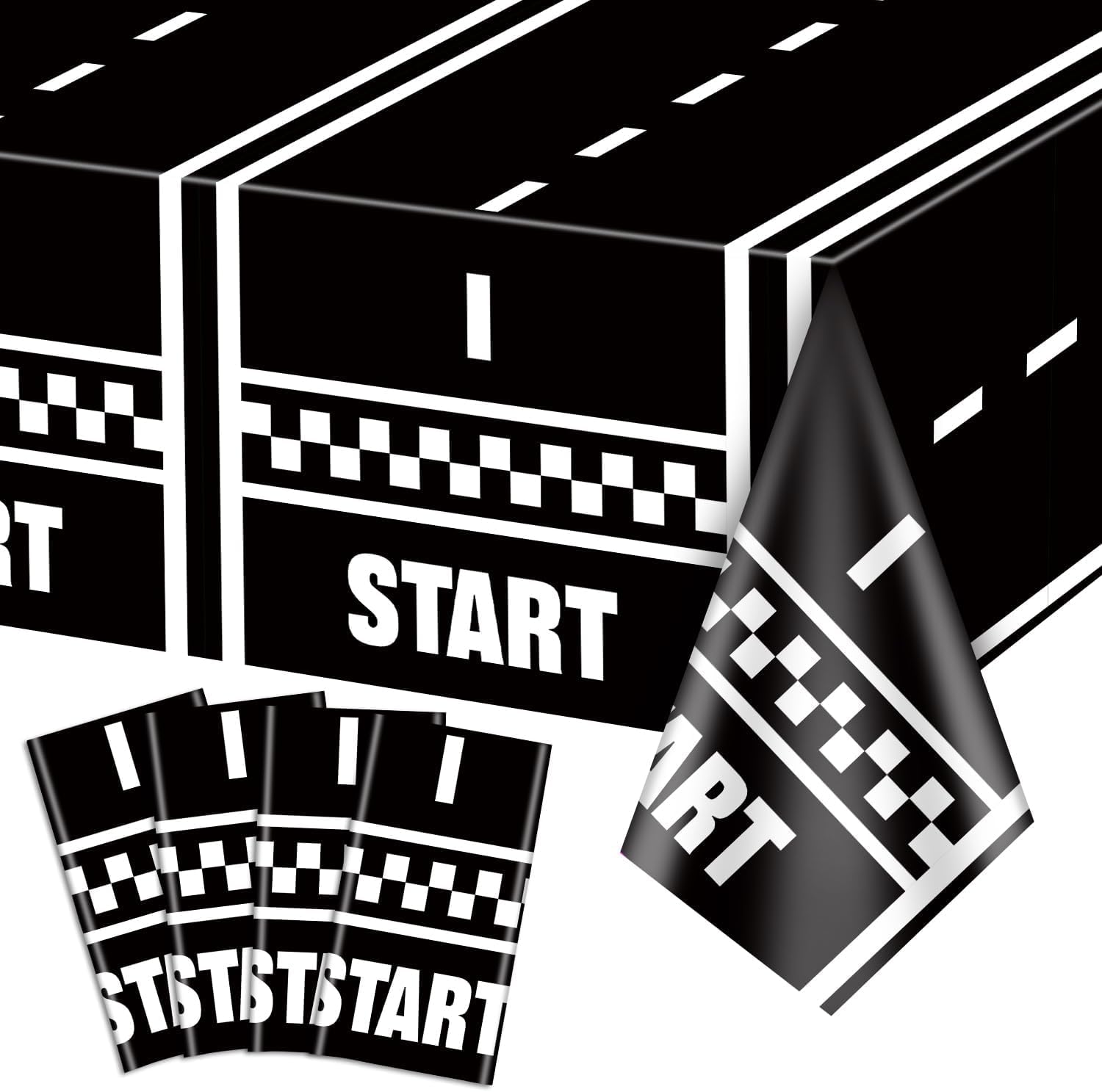 PTECDROTS 4Pcs Race Car Tablecloths, Racetrack Table Cloths, Rectangular Checkered Flag Table Covers, Race Car Party Decorations for Boys Kids Cars Birthday Decorations, 130 x 220 cm