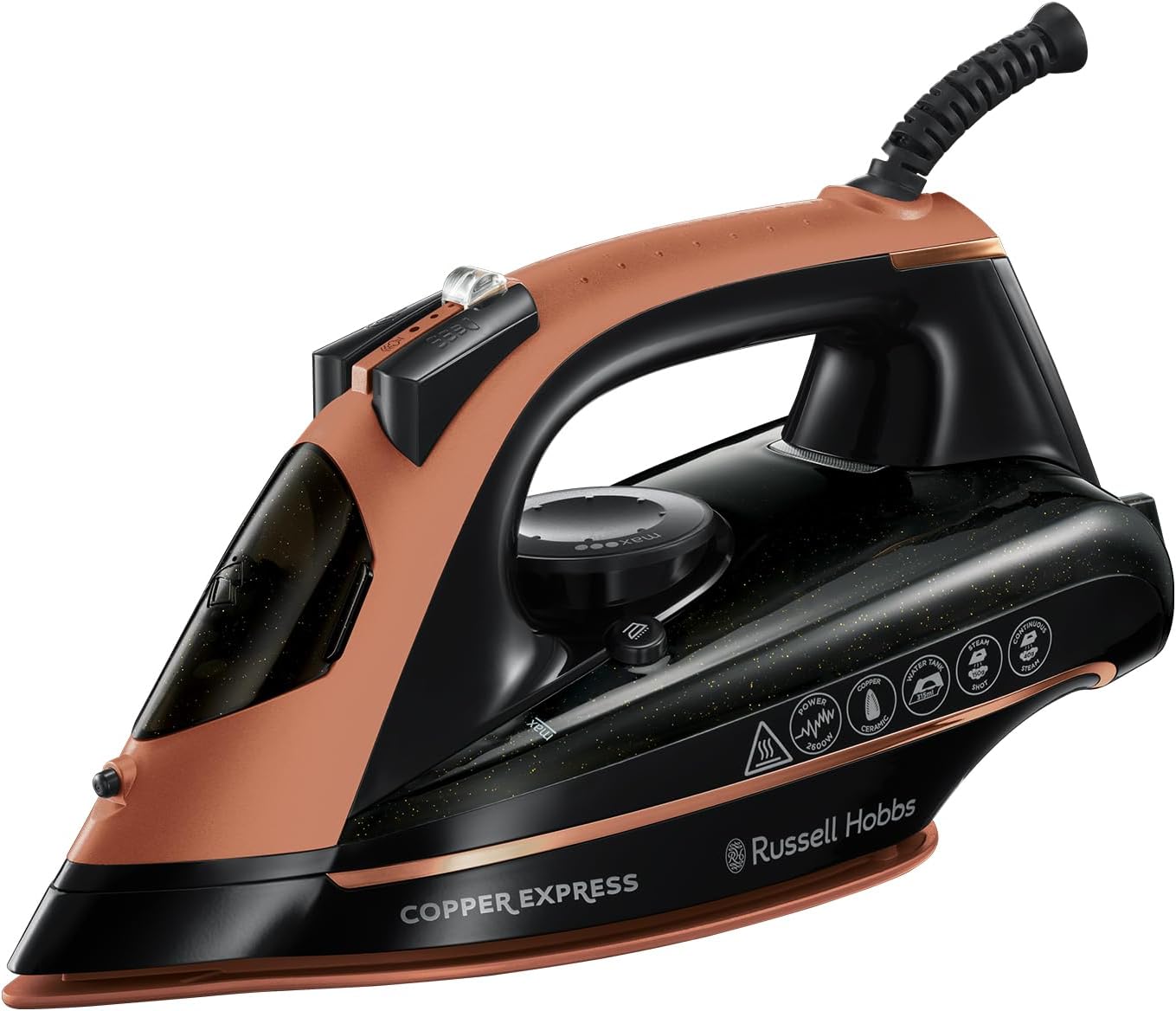 Russell Hobbs Steam Iron - Copper Infused soleplate, 150g Steam Shot, 40g Continuous Steam, Vertical steam function,Self-clean, Anti-calc and Anti-drip function, 2m cord, 2600W) Copper Express 23975