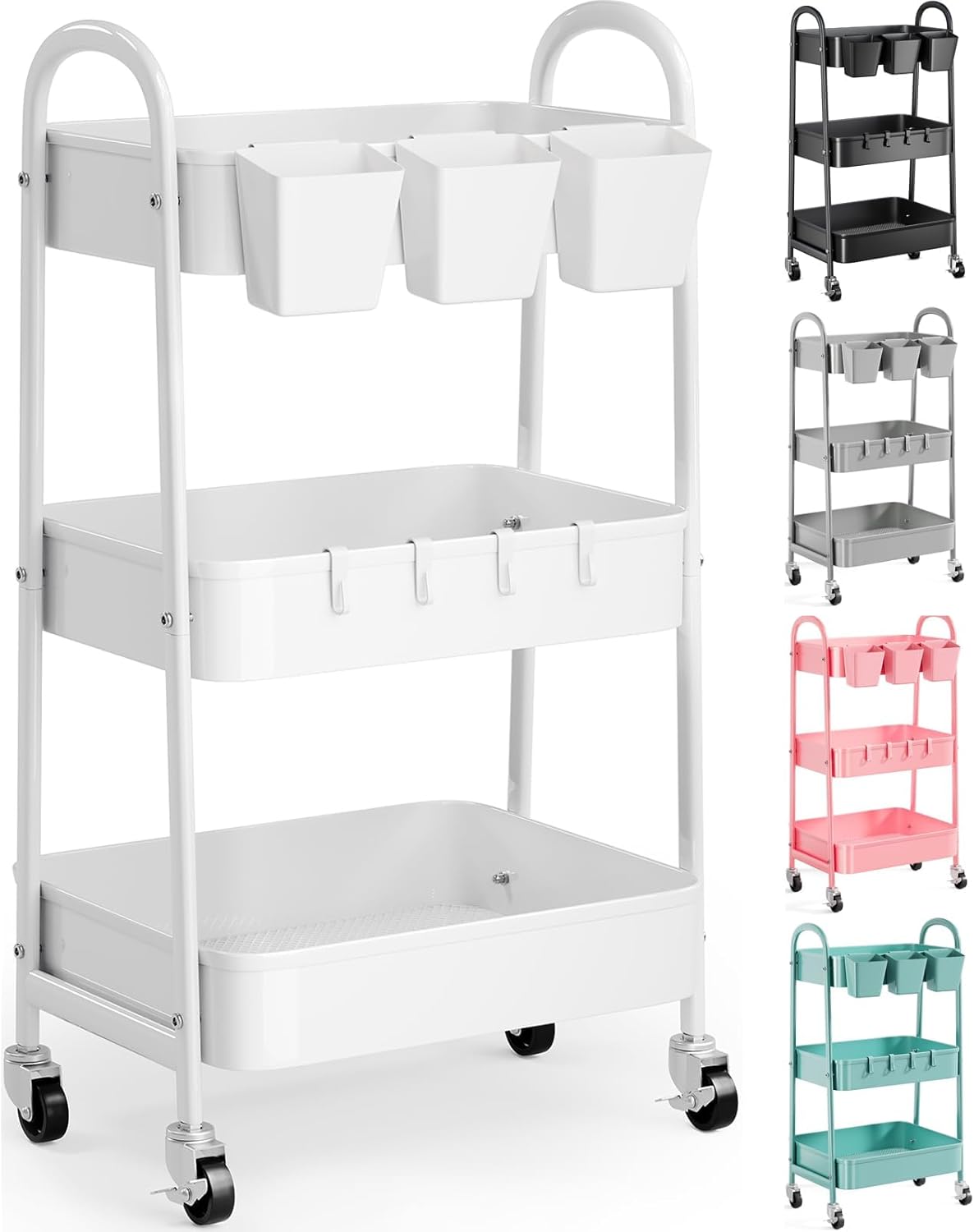 3 Tier Heavy Duty White Metal Rolling Cart with Lockable Wheels, Three Tier Roller Book Snack Cart, Utility Storage Organizer Carts for Kitchen, Bathroom, Garage, Baby Diaper, Craft, Art, Teacher