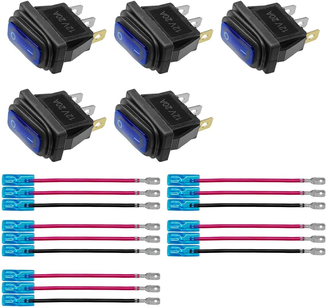 5PCS Waterproof Rocker Toggle Switch with Blue LED Light - 12V/20A 24V/10A SPST 3Pin ON/Off Switch - Snap-in Design Illuminated Lighted Boat Square Switches KCD3 for Car Marine RV